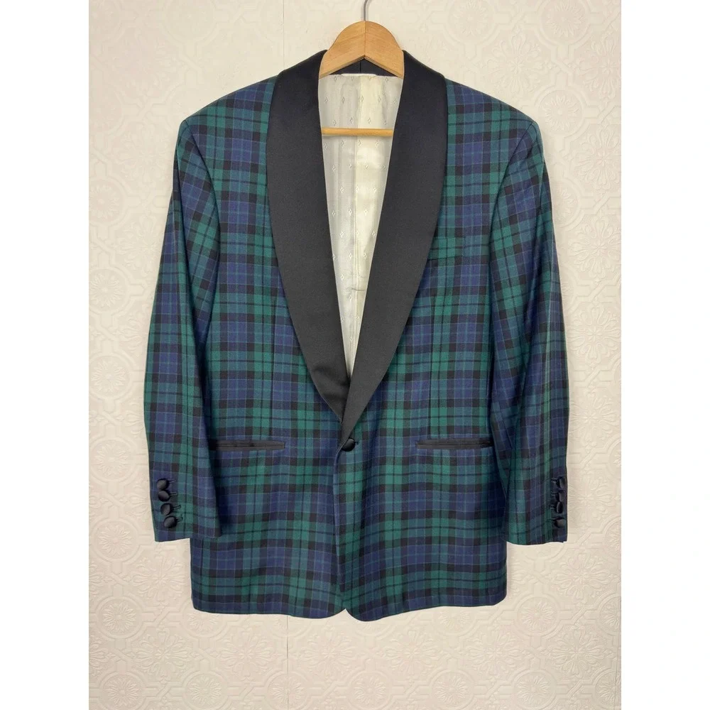 Custom Black Watch Tartan Collar Tuxedo Jacket Green Plaid Formal Suit 42 Short